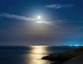 Moonlit Path Along the Shore with Pier Jutting Out into the Sea at Night