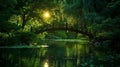 A picturesque view of a serene moonlit bridge surrounded by lush greenery and still waters conveys a sense of calm and