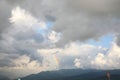 Picturesque view of sky with heavy rainy clouds and rainbow Royalty Free Stock Photo