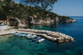 Picturesque view of small boats moored in harbour of Calanques National Park near Marseille, South Farnce Royalty Free Stock Photo