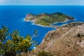 Picturesque view of sunny Assos village and blue sea bay. Kefalonia island, Greece Royalty Free Stock Photo