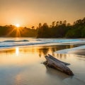 Picturesque view of a sunset over the ocean, with driftwood on the sand. AI-generated. Royalty Free Stock Photo