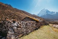 Picturesque view tibetan habitation and stone fence near the Pheriche village in the Khumbu region in Nepal with majestic Ama