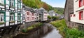 Picturesque view of traditional half timbered houses along the Rur river in the historic centre of Monschau, Germany. Royalty Free Stock Photo