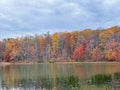 Picturesque view of a tranquil lake surrounded by tall, vibrant trees. Coopers Rock Reservoir