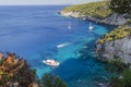 Picturesque view on turquoise Careta Trampolino rocky beach. It is situated on the north east coast of Zakynthos island on Ionian Royalty Free Stock Photo