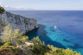 Picturesque view on turquoise Careta Trampolino rocky beach. It is situated on the north east coast of Zakynthos island on Ionian Royalty Free Stock Photo