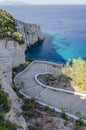 Picturesque view on turquoise Careta Trampolino rocky beach. It is situated on the north east coast of Zakynthos island on Ionian Royalty Free Stock Photo