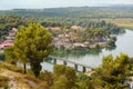 Picturesque view of the valley of the Buna River flowing into the Skadar lake near the city of Shkodra, Albania, seen from the