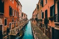 Picturesque view of Venice, Italy, with a winding canal running between its cobbled streets