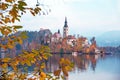 Picturesque views of the island on Lake Bled in autumn. Scene fr Royalty Free Stock Photo