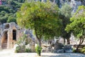 Picturesque views of the ruins of the ancient theater on the background of mountains