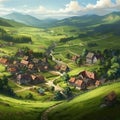 A picturesque village in a lush hilly grassy landscape Royalty Free Stock Photo