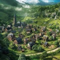 A picturesque village in a lush hilly grassy landscape Royalty Free Stock Photo