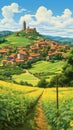 A picturesque village in a lush hilly grassy landscape Royalty Free Stock Photo