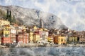 Scenic Varenna on Lake Como in Lombardy, northern Italy. Watercolor Illustration.