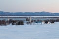 Picturesque village with the St. Lawrence River and the Laurentian mountains in the background