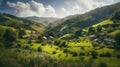 Picturesque Vista of Verdant Terraced Fields and Charming Farmhouses in Late Morning Light - Generative AI