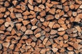 Picturesque wall of firewood logs, rustic background. Wooden pile texture. Chopped dry firewood logs stacked in a rows. Royalty Free Stock Photo