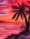 Picturesque watercolor exotic landscape of dark coast silhouette with thick palms against scarlet sunset sky with purple