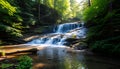 A picturesque waterfall cascading down rocky steps in a dense, verdant forest Royalty Free Stock Photo