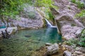 A picturesque waterfall in a cozy mountain lagoon.