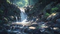 A picturesque waterfall hidden in a deep gorge, surrounded by lush greenery manga cartoon style by AI generated Royalty Free Stock Photo