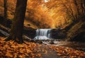 Picturesque waterfall meanders through the trees covered in vibrant fall foliage, AI-generated. Royalty Free Stock Photo