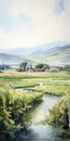 Picturesque Wetland: Landscape Watercolor Painting With Grapevines And Rolling Hills Royalty Free Stock Photo