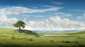 Delicately Rendered Lone Tree On Grassy Hill - Uhd Landscape Image
