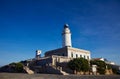 Picturesque white lighthouse against the bright blue sky. Cap de Formentor, Mallorca, Spain.