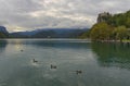 Picturesque wide-angle landscape view of Bled Lake. The most famous lake in Slovenia. Royalty Free Stock Photo