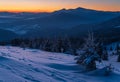 Picturesque winter alps sunrise. Highest ridge of the Ukrainian Carpathians is Chornohora with peaks of Hoverla and Petros Royalty Free Stock Photo