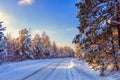 Picturesque winter landscape with pine forest and country road covered with fresh white snow in sunny frosty day after snowfall. Royalty Free Stock Photo