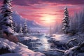 Picturesque winter landscape with a river and snow-covered fir trees against the backdrop of mountains at sunset Royalty Free Stock Photo