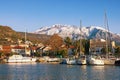 Picturesque winter Mediterranean landscape. Montenegro. View of Tivat town and snow-capped mountains of Lovcen Royalty Free Stock Photo