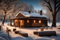 A picturesque winter scene with a rustic log cabin, where the aroma of freshly baked apple pies wafts from the open kitchen window Royalty Free Stock Photo