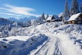A picturesque winter scene unfolds in the mountain village landscape Royalty Free Stock Photo
