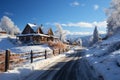 A picturesque winter scene unfolds in the mountain village landscape Royalty Free Stock Photo