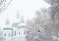A picturesque winter view of St. Nicholas Cathedral in Nizhyn. A beautiful Orthodox Church with five copper domes covered with