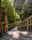 Picturesque wooden boardwalk and stairs on a hike through a canyon. Mono Cliffs Provincial Par