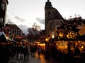 Picturesque wooden houses covered with Christmas lights in the Christmas markets of Stuttgart