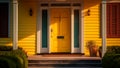 A picturesque yellow door stands as the gateway to a lovely abode. Generative AI