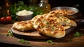 Pide bread, a boat-shaped Turkish delight, is golden-brown, crispy, and adorned with sesame seeds Royalty Free Stock Photo