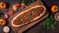 Pide, local Turkish cuisine, a traditional Turkish boat-shaped flatbread stuffed with ground lamb and beef, spices and herbs.