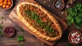 Pide, local Turkish cuisine, a traditional Turkish boat-shaped flatbread stuffed with ground lamb and beef, spices and herbs.