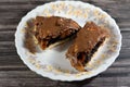 A pie baked dough covered with chocolate and stuffed with pieces of chocolate, biscuit, banana, cake, caramel and brownies, ready Royalty Free Stock Photo