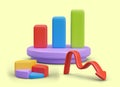 Pie chart, bar graph on podium, arrow pointing down. Color vector statistics Royalty Free Stock Photo
