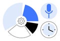 Pie Chart with Gear, Microphone Symbol, and Clock Representing Data, Technology, and Time Concepts Royalty Free Stock Photo