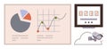 Data analytics with pie chart, line graph, digital counter, and security camera in cloud integration Royalty Free Stock Photo